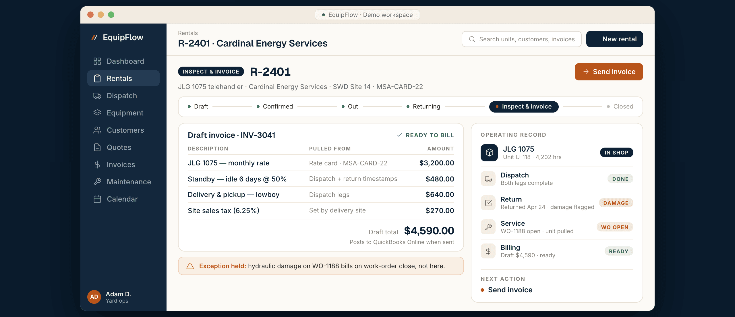 EquipFlow billing workspace