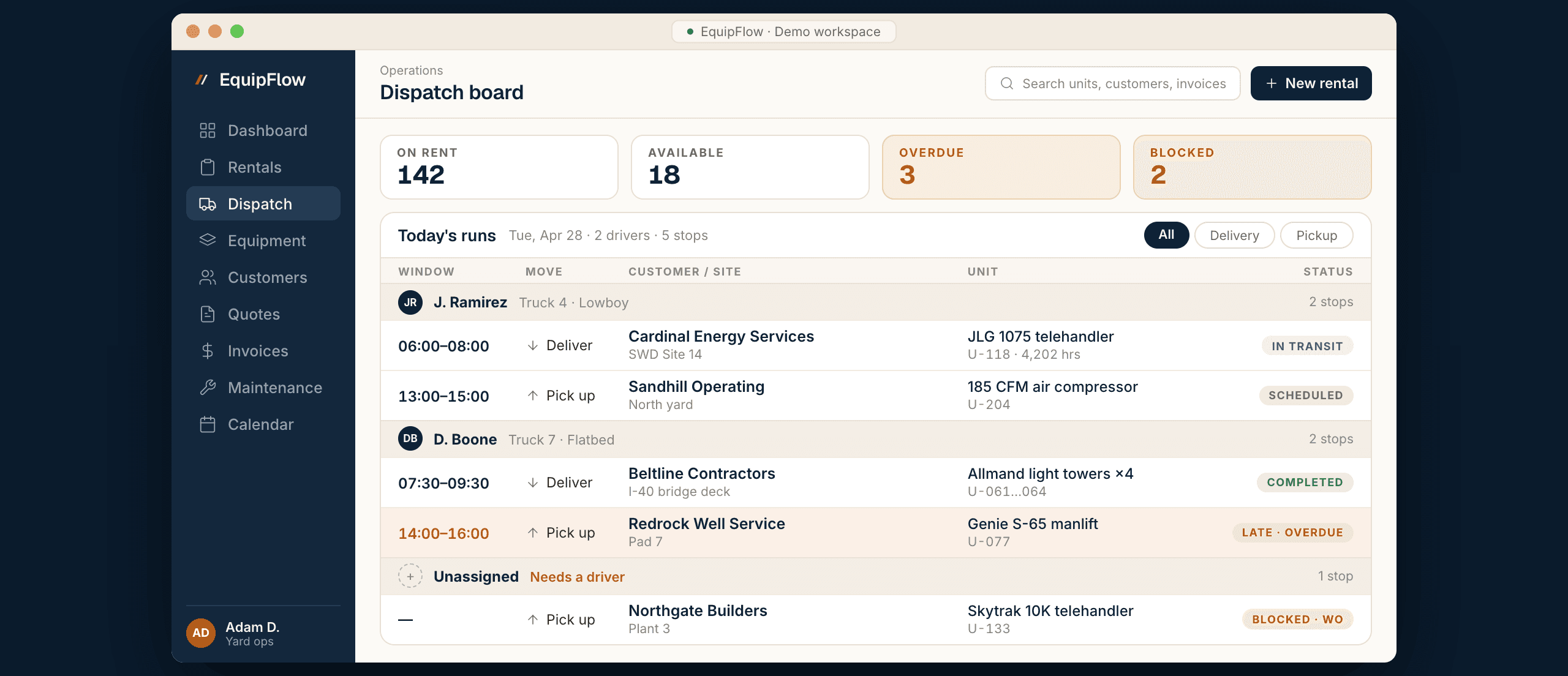 EquipFlow dispatch board