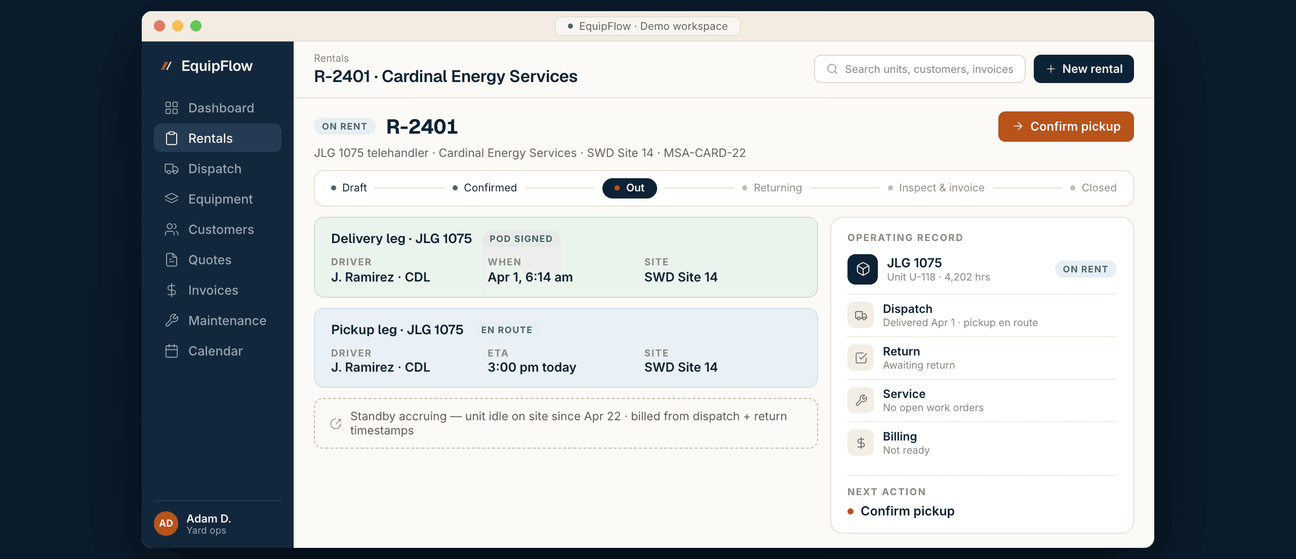 EquipFlow rental workspace with customer, equipment, dates, status, and billing context on one record